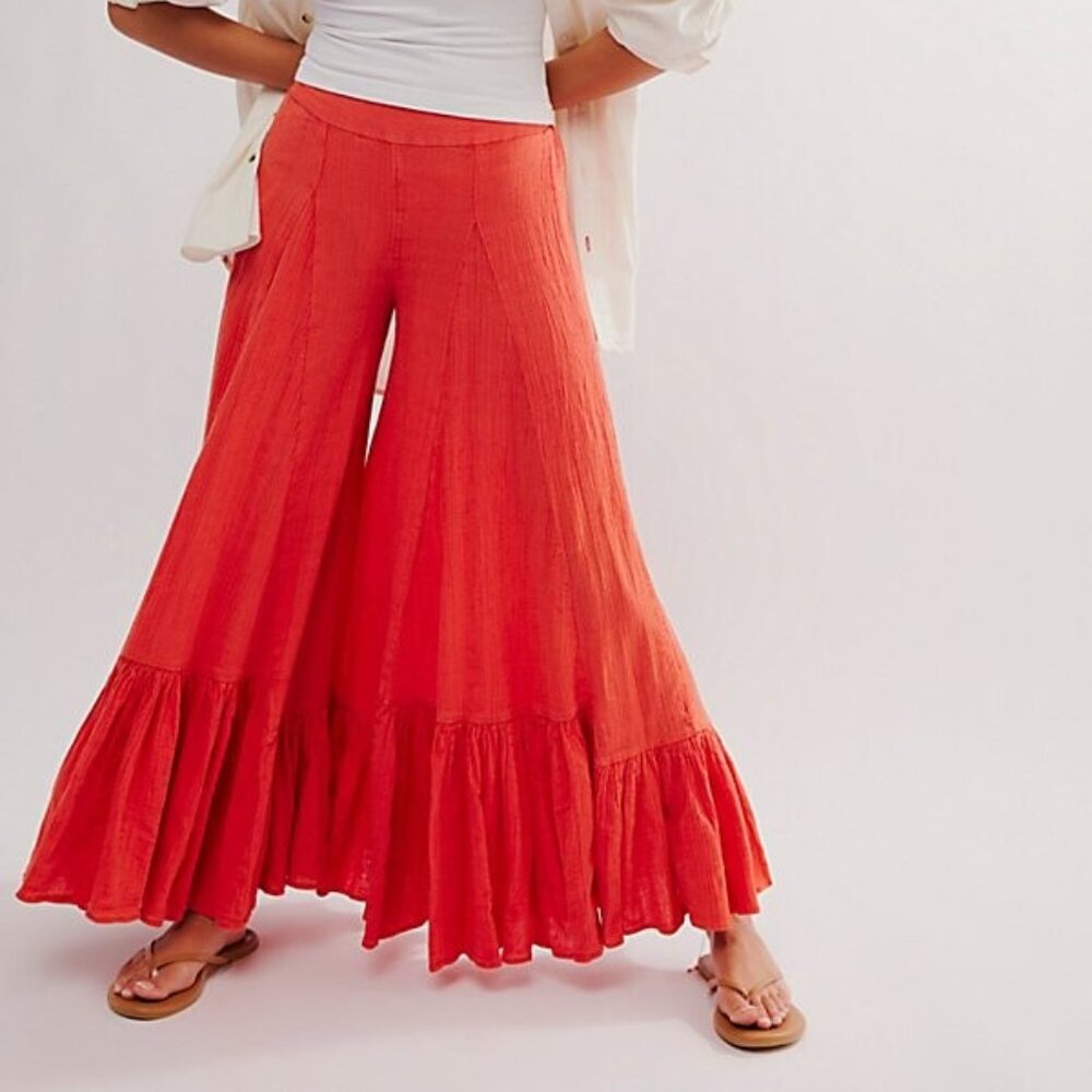 Free People Summer Kiss Godet Pants Wide-Leg Pants in Red NWOT Size XS